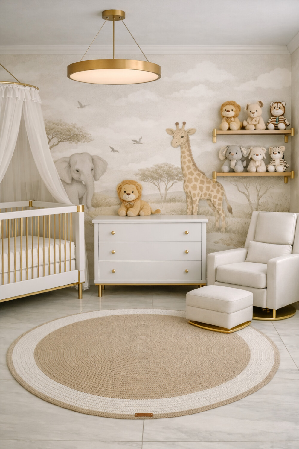 Tapete quarto de bebê bege e off white