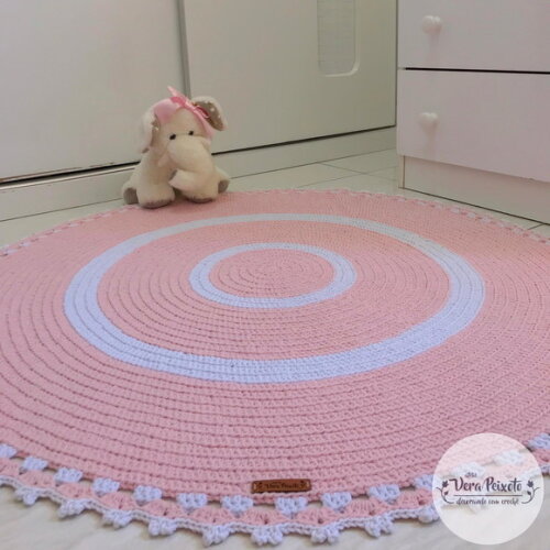 Tapete de Crochê Redondo Rosa e Branco Quarto de Bebê e Infa