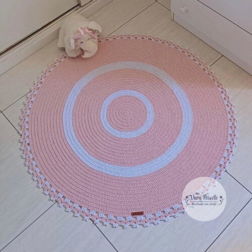 Tapete de Crochê Redondo Rosa e Branco Quarto de Bebê e Infa