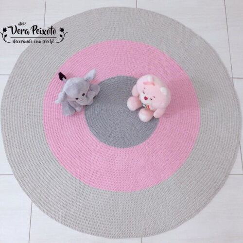 Tapete Infantil menina - Cinza E Rosa de crochê redondo 1,20