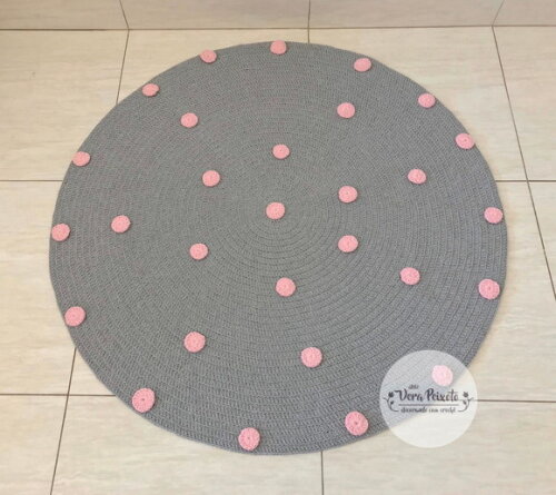 Tapete Infantil Cinza Com Poás Rosa Bebê 1 Metro Diâmetro