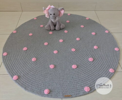 Tapete Infantil Cinza Com Poás Rosa Bebê 1 Metro Diâmetro