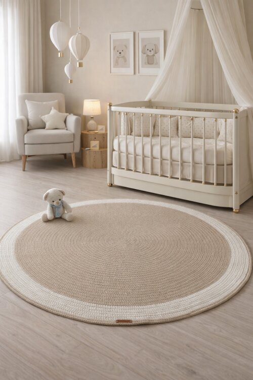Tapete quarto de bebê bege e off white