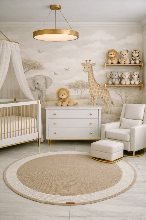 Tapete quarto de bebê bege e off white