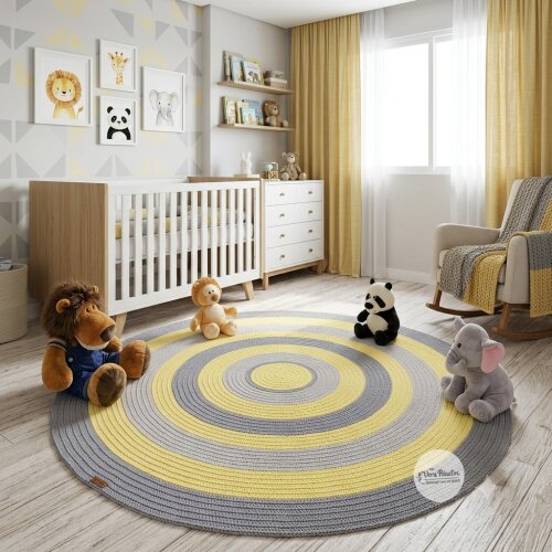 Tapete quarto de bebê e Infantil de crochê redondo Amarelo E Cinza