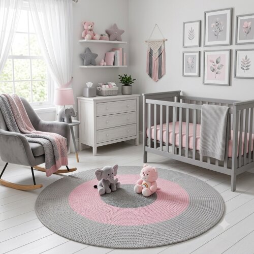 Tapete Infantil menina - Cinza E Rosa de crochê redondo 1,20