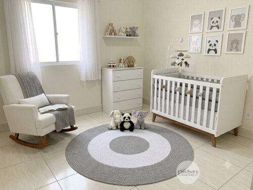 Tapete Infantil cinza e branco de crochê redondo 1,20 - Baby Théo