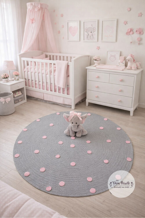 Tapete Infantil Cinza Com Poás Rosa Bebê 1 Metro Diâmetro