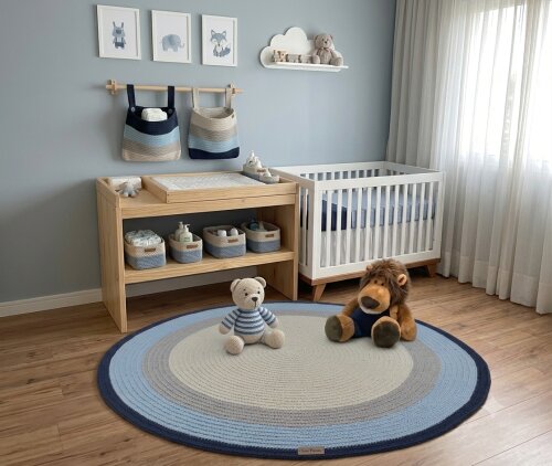Tapete Infantil Cinza E Azul - 1,20 De Diâmetro