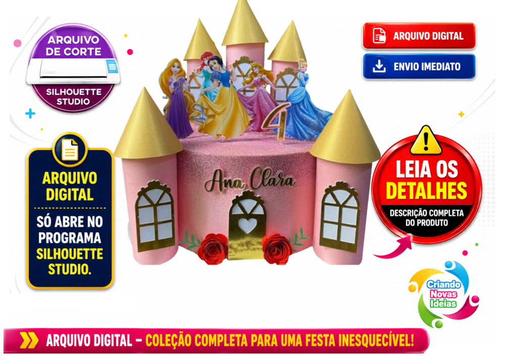 Topo de Bolo Princesas Castelo Torre 3D para Silhouette | Arquivo
