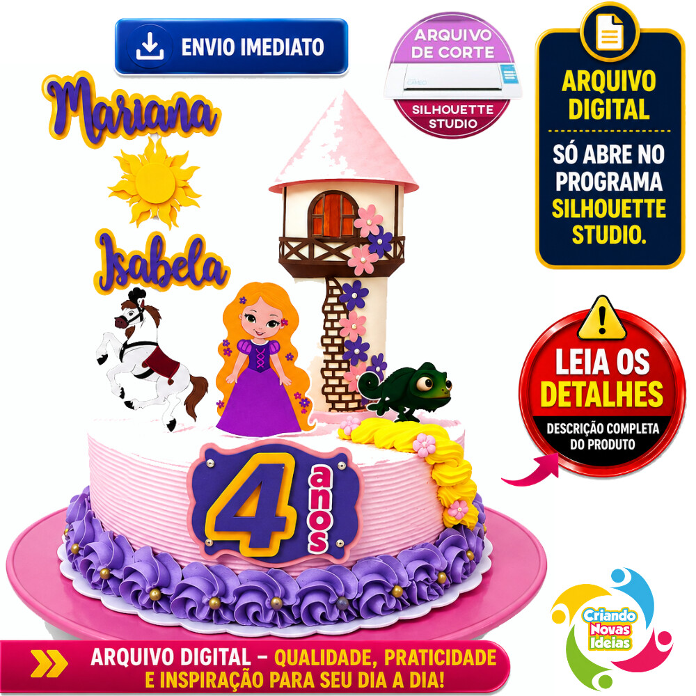 Topo de Bolo Rapunzel 3D com Torre | Arquivo Studio