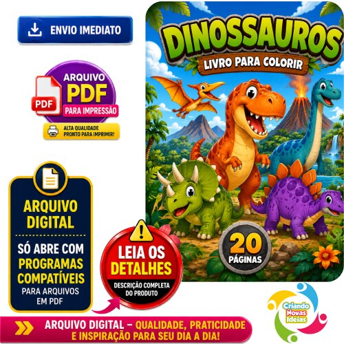 Livro para Colorir Dinossauros PDF para Imprimir | Arquivo Digital