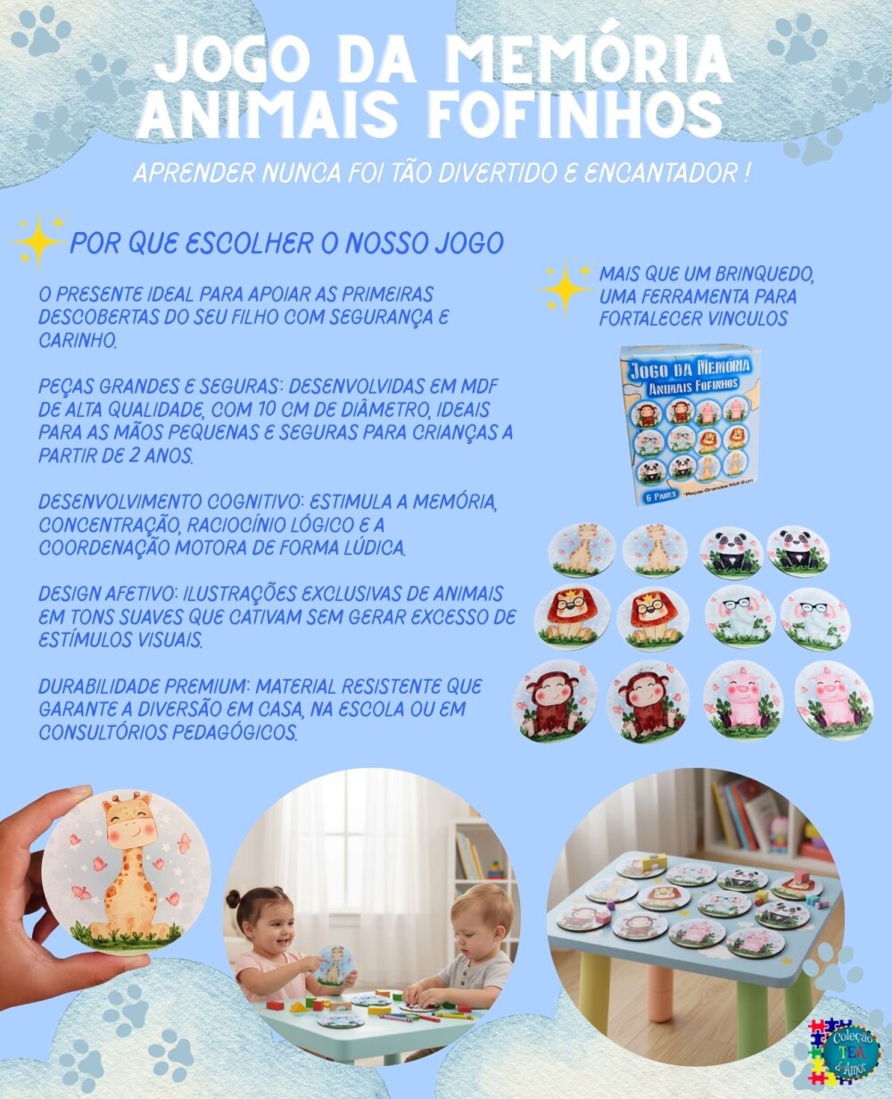 Jogo da memória Animais Fofinhos 6 pares Peças grandes para Cri
