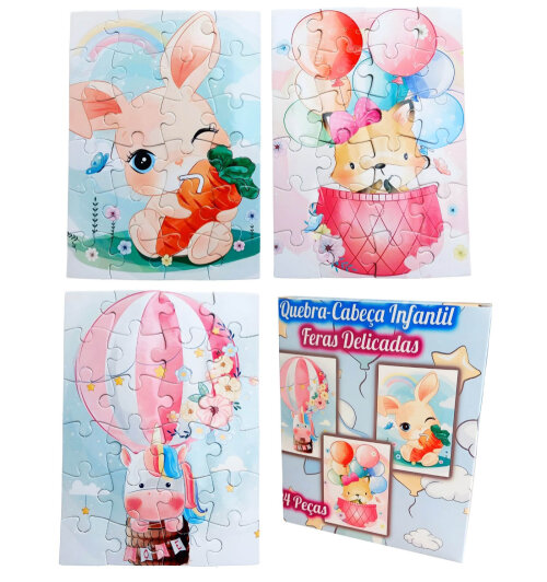 Kit Divertido 3 Quebra-Cabeças Animais Fofinhos Infantil