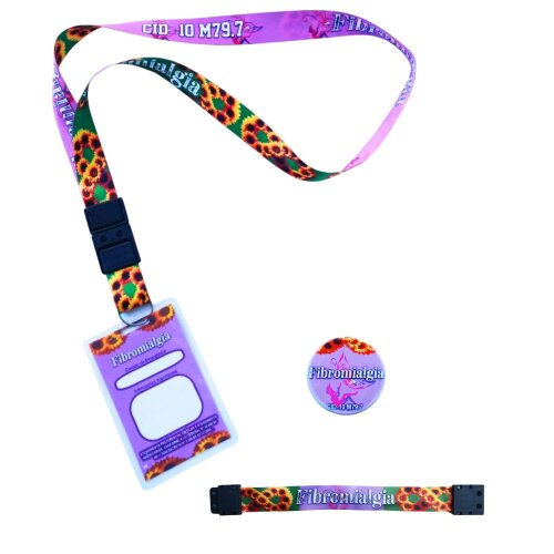 Crachá e Cordão roxo de identificação Fibromialgia com pulseira Girassol