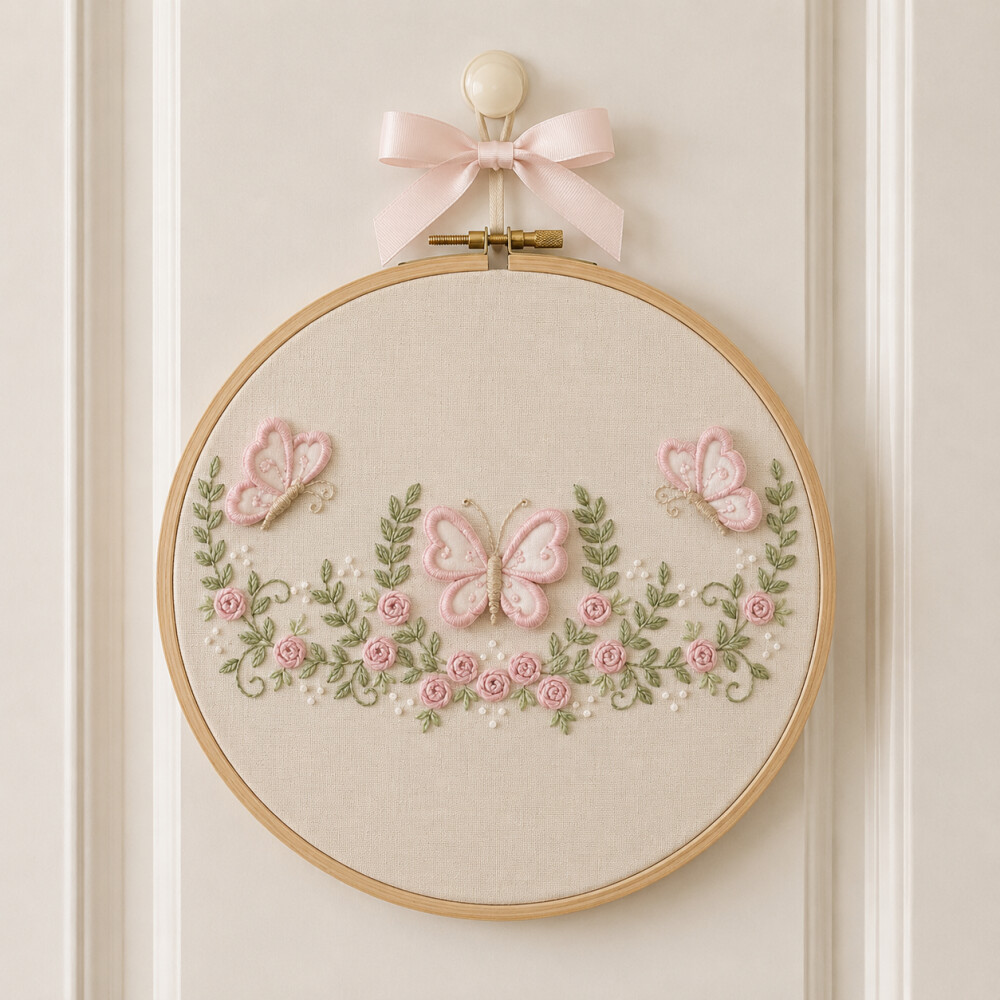 Quadro porta maternidade bastidor ( jardim de borboletas)