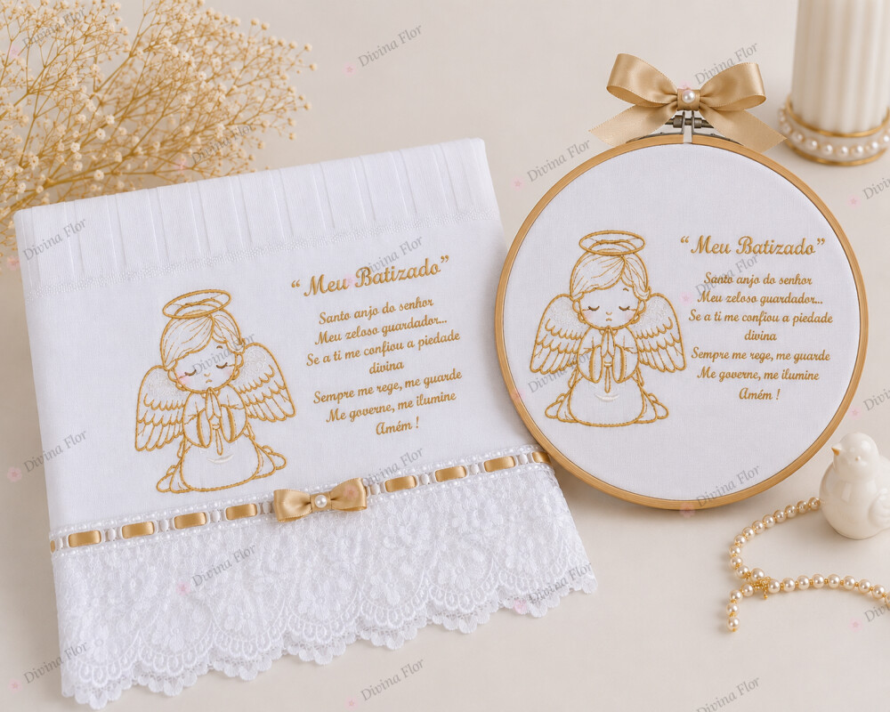 Kit batismo toalha e quadro bastidor
