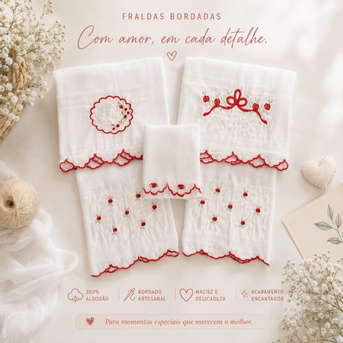 Fraldas bordadas kit floral