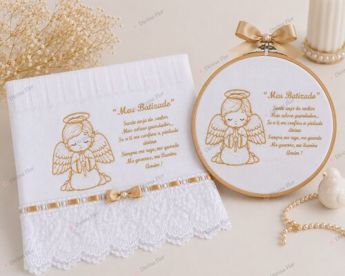 Kit batismo toalha e quadro bastidor