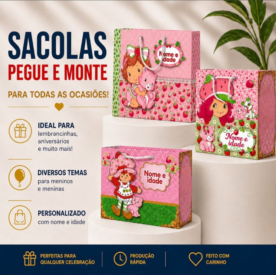 Sacolinhas PEGUE E MONTE Moranguinho - Horizontal | Lembrancinha