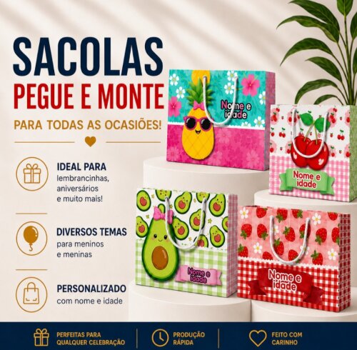 Sacolinhas PEGUE E MONTE Frutinhas - Horizontal | Lembrancinha Infantil