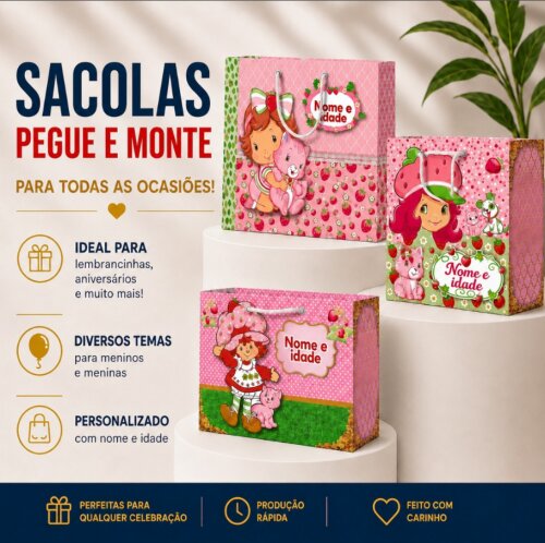 Sacolinhas PEGUE E MONTE Moranguinho - Horizontal | Lembrancinha Infantil