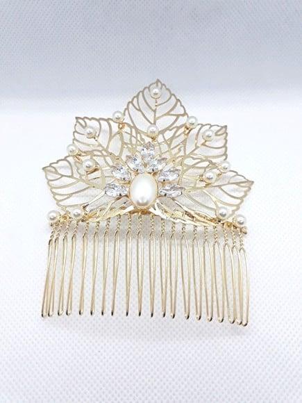Arranjo de Cabelo Noiva Pente Perolas Dourado