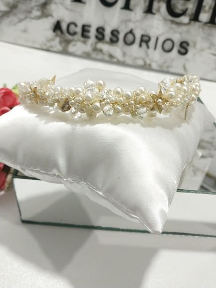 Arranjo Cabelo Noiva Perolas Dourado
