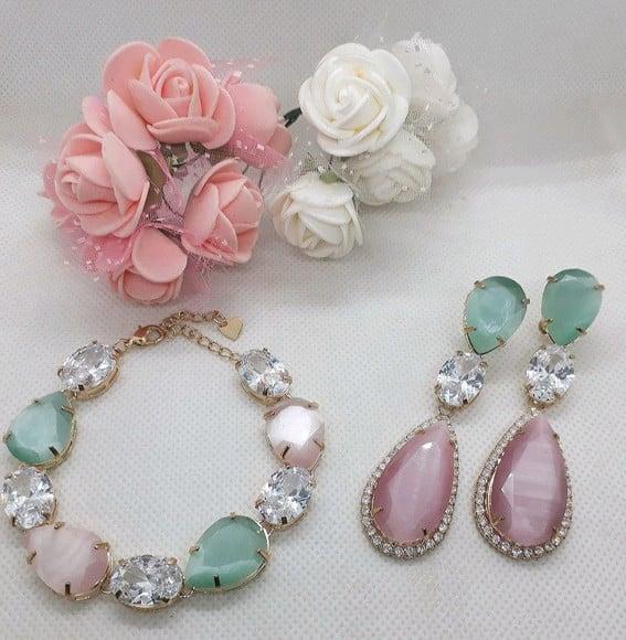 Conjunto Festa Verde Menta e Rosê Brinco e Pulseira