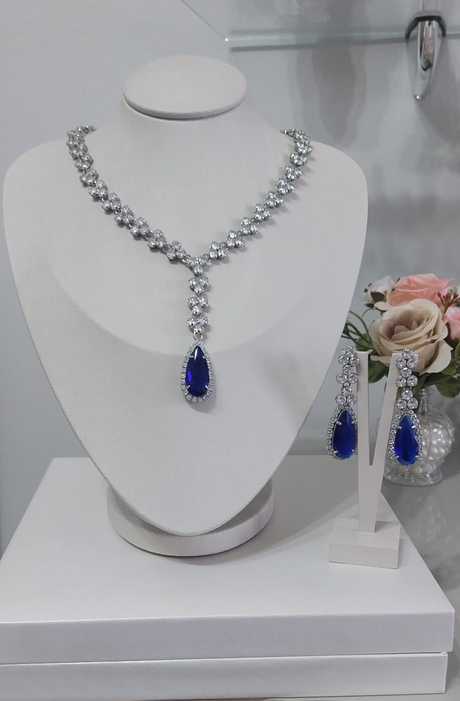 Conjunto Colar e Brinco Festa Zirconia Azul