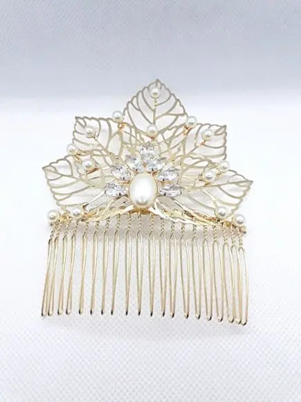 Arranjo de Cabelo Noiva Pente Perolas Dourado