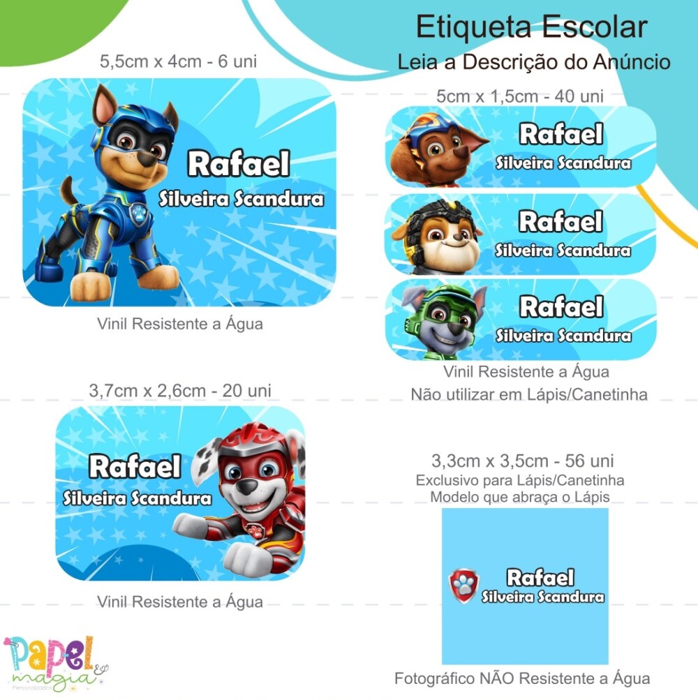Etiqueta Escolar - Patrulha Canina Heróis - 122unid
