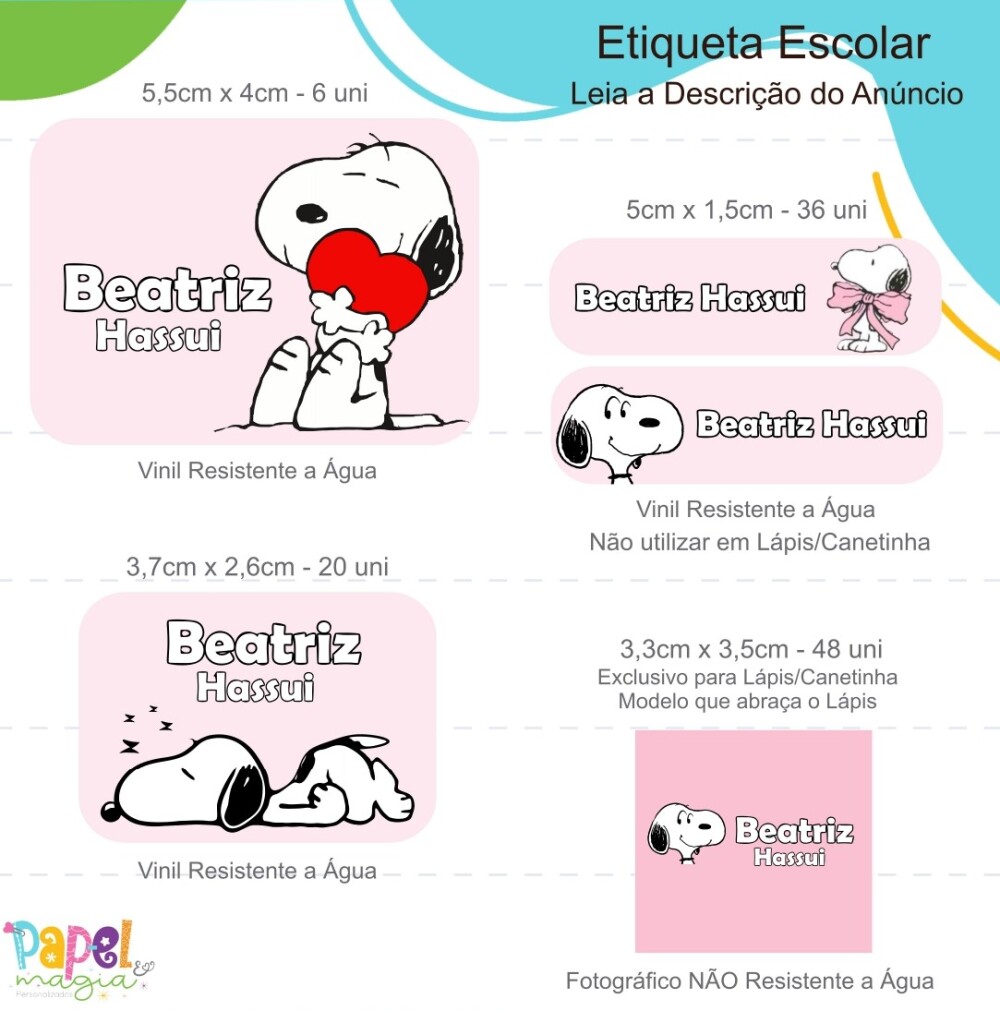 Etiqueta Escolar - Snoopy Rosa - 122unid