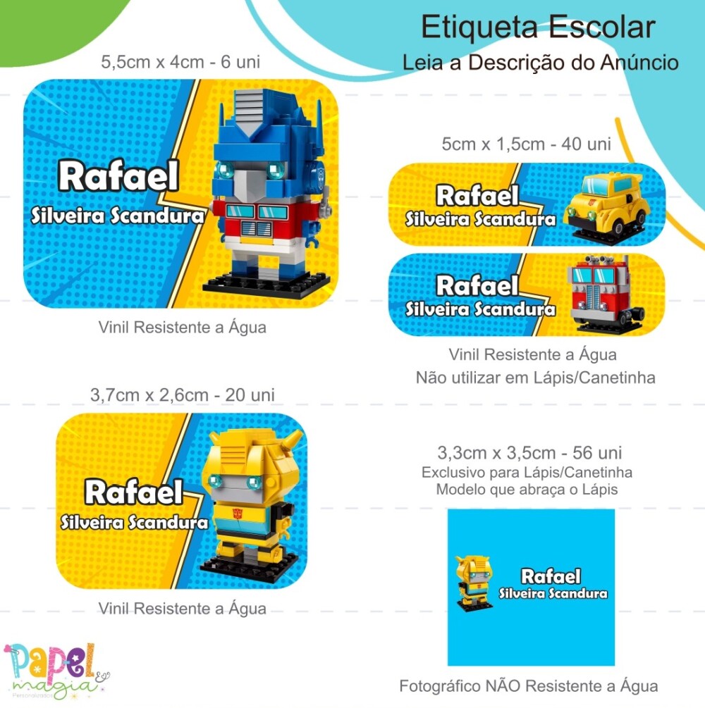 Etiqueta Escolar - Transformers Lego - 122unid