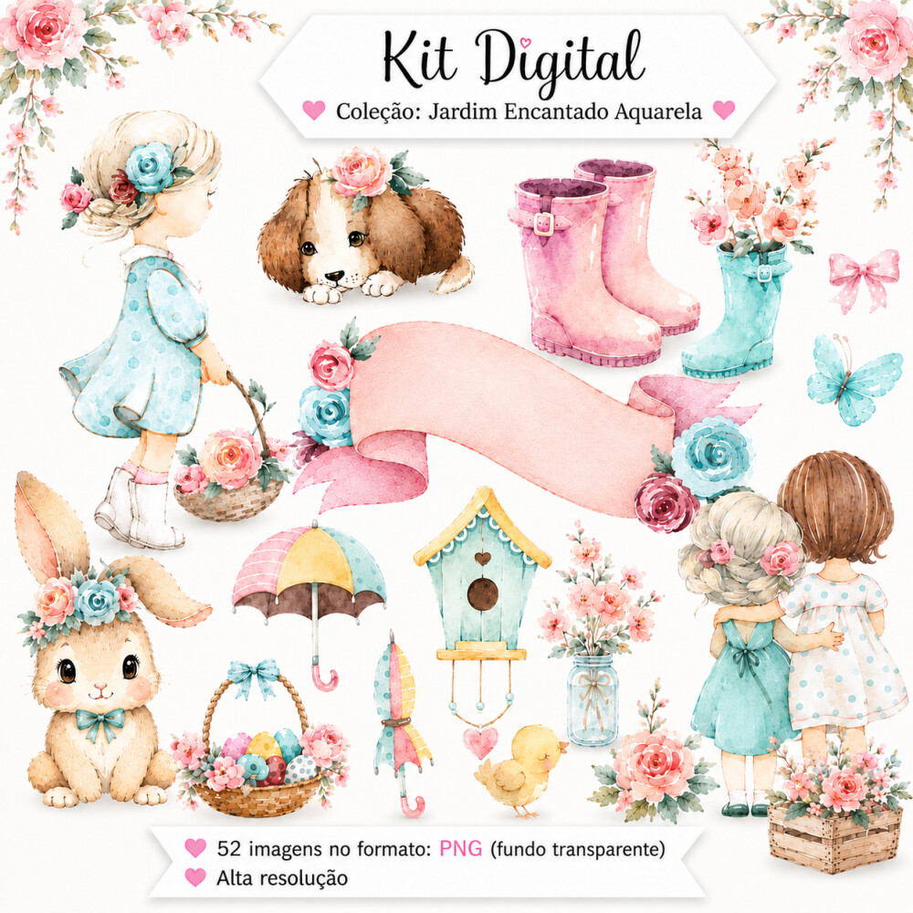 Kit Digital - Combo Jardim Encantado Aquarela (Mia e Lola - Lola 