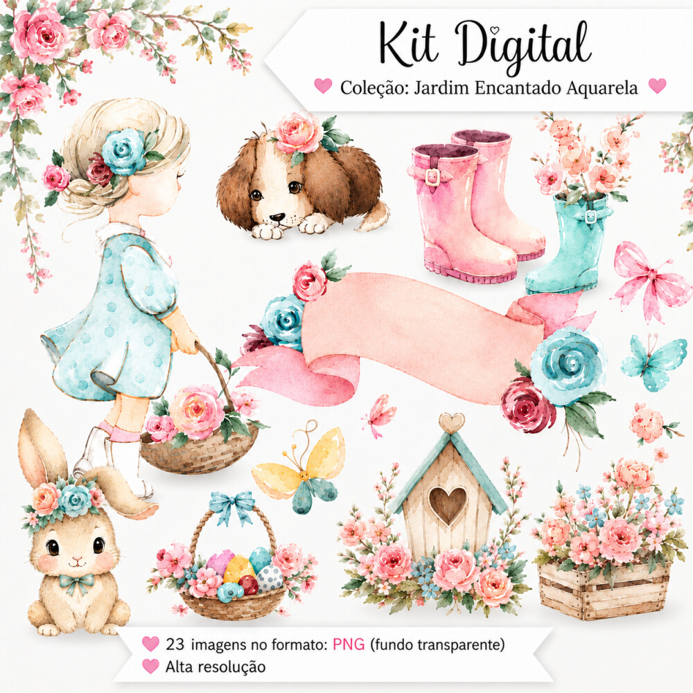 Kit Digital - Combo Jardim Encantado Aquarela (Mia e Lola - Lola 