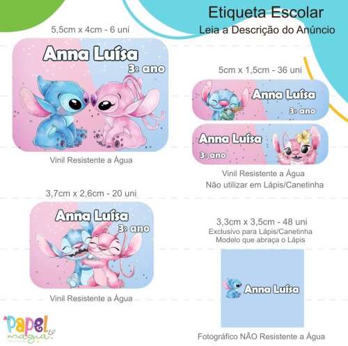 Etiqueta Escolar - Stitch e Angel Aquarela - 122unid