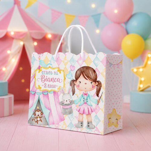 Sacolinha Personalizada - Lembrancinha Infantil - 18x14x6cm - Circo Rosa - PEGUE E MONTE