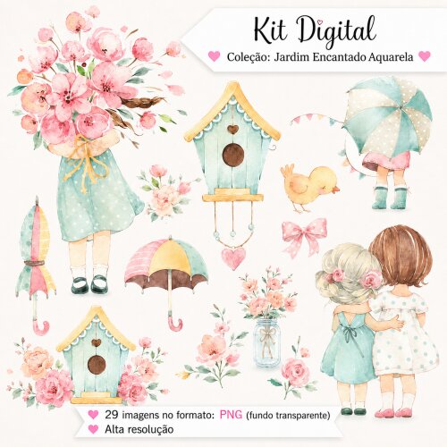 Kit Digital - Jardim Encantado Aquarela (Mia e Lola) - Envio Imediato