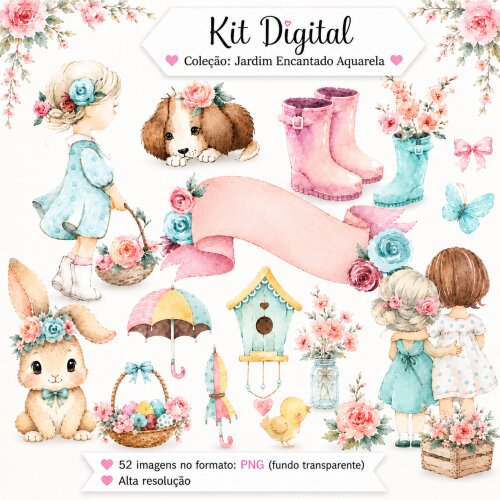 Kit Digital - Combo Jardim Encantado Aquarela (Mia e Lola - Lola e Puppy) - Envio Imediato