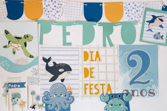 Kit Decoração - Papelaria Festa Fundo do Mar