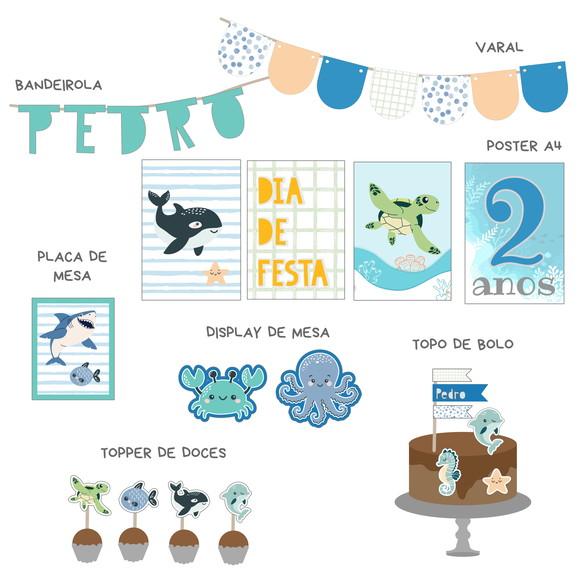 Kit Decoração - Papelaria Festa Fundo do Mar