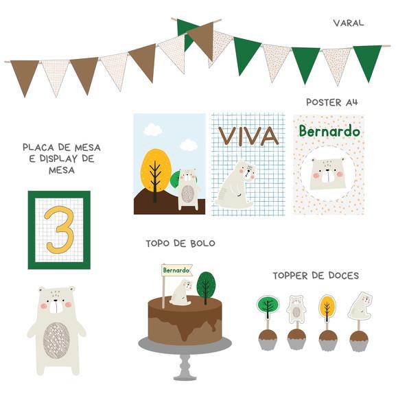 Kit Decoração - Papelaria Festa Urso Escandinavo