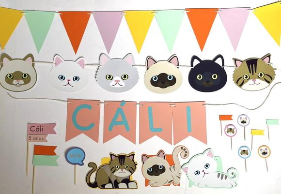 Kit Decoração de Festa - Papelaria Gatos Gatinhos (mod 2)