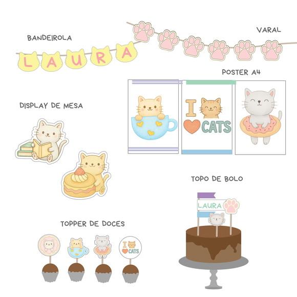 Kit Decoração de Festa - Papelaria Gatos Gatinhos (mod 10)