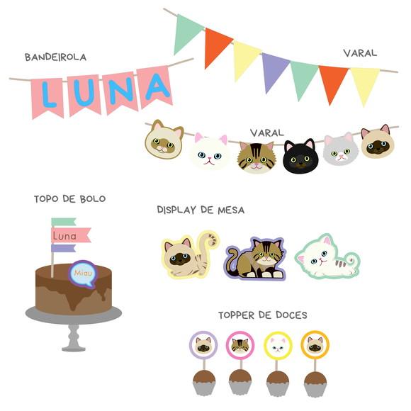 Kit Decoração de Festa - Papelaria Gatos Gatinhos (mod 2)