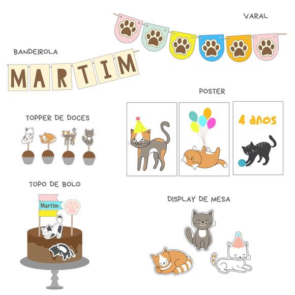 Kit Decoração de Festa - Papelaria Gatos Gatinhos (mod 7)