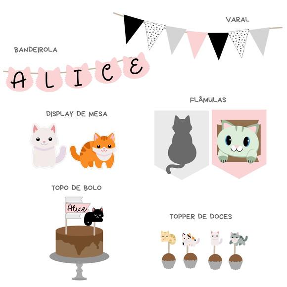 Kit Decoração de Festa - Papelaria Gatos Gatinhos (mod 3)