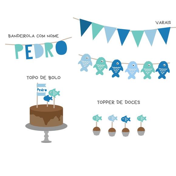 Kit Decoração de Festa - Peixes / Pescaria Verde e Azul