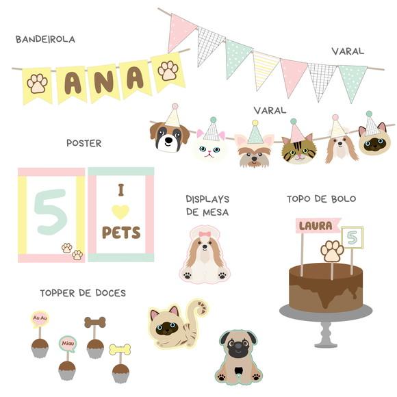 Kit Decoração de Festa - Tema Pets Cachorro e Gatos
